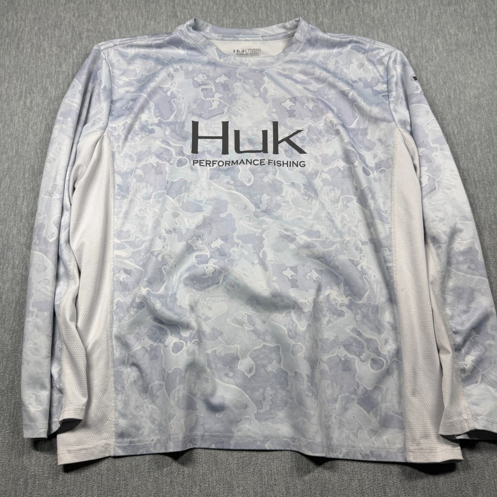 Huk Performance Fishing Shirt Mens XXL Gray Camo Long Sleeve UPF Sun Protection